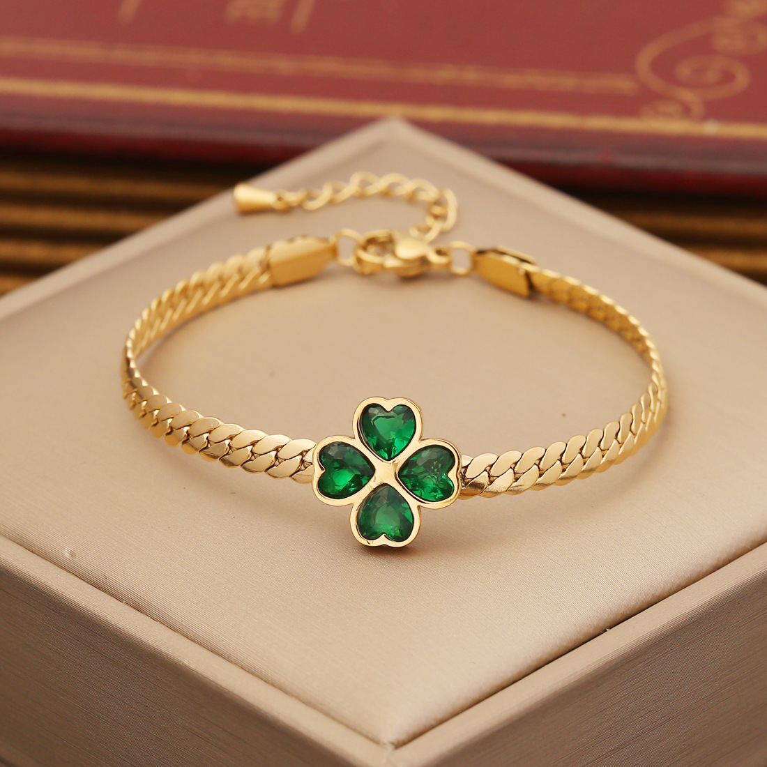 Four Leaf Clover Necklace Bracelet Earrings Emerald Jewelry Set for Her