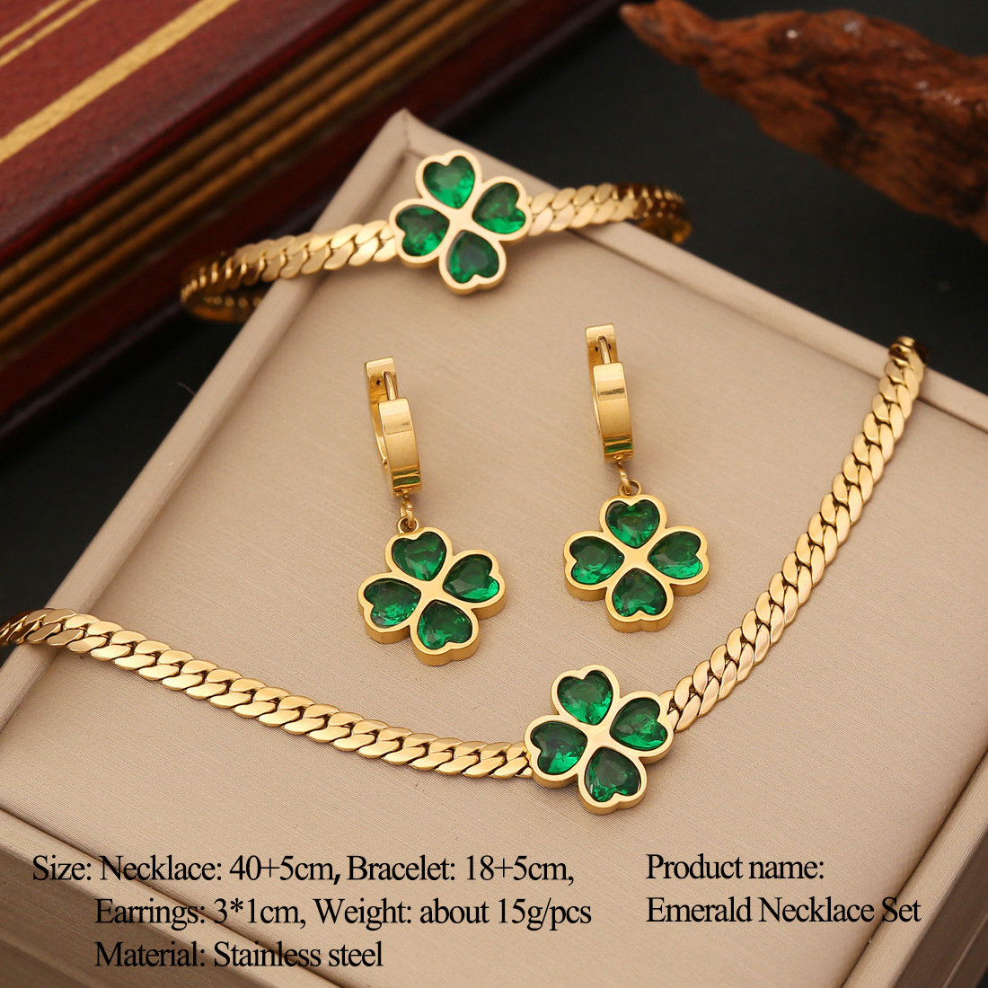 Four Leaf Clover Necklace Bracelet Earrings Emerald Jewelry Set for Her