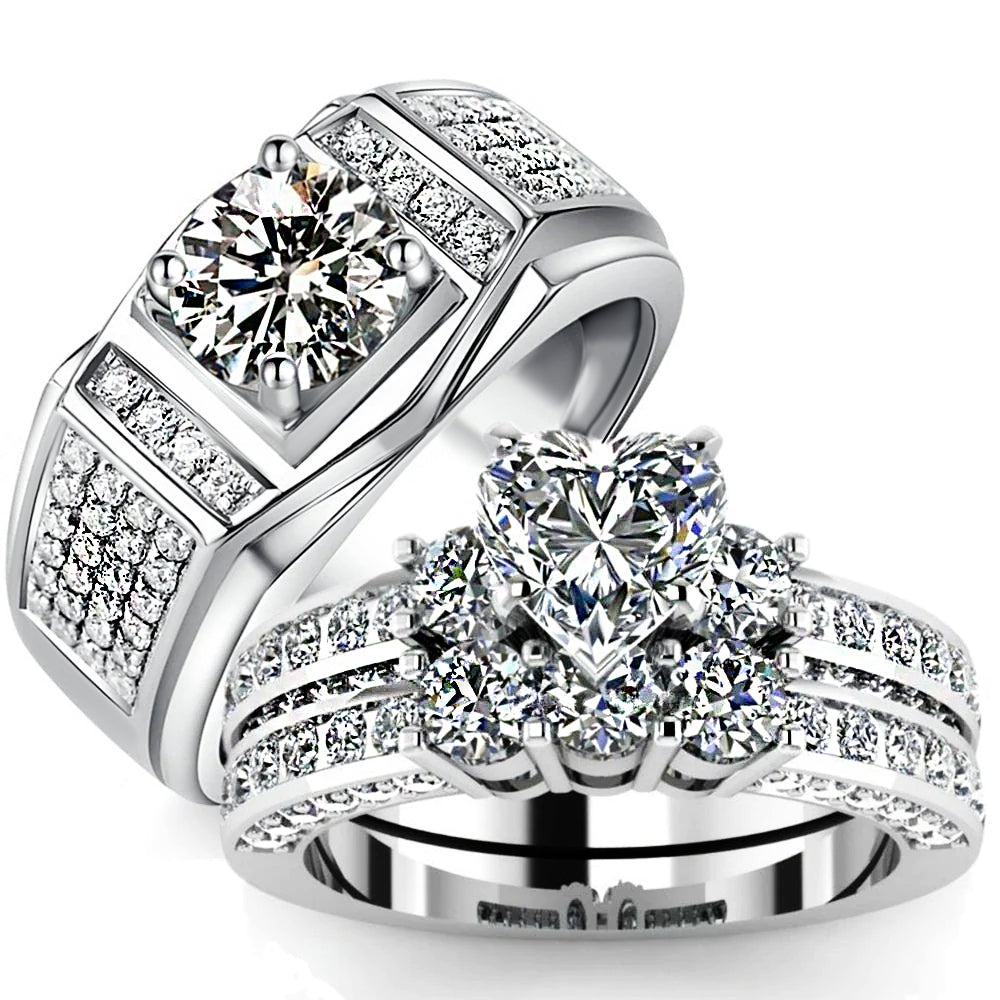 Valentine's Day Gift Wedding rings set his and hers-Couples Ring Set SPRING HEART RINGS