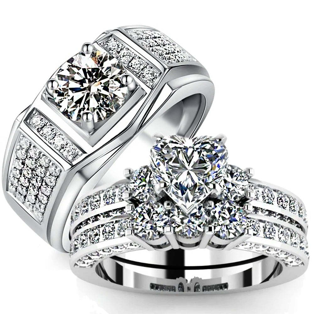 Valentine's Day Gift Wedding rings set his and hers-Couples Ring Set SPRING HEART RINGS