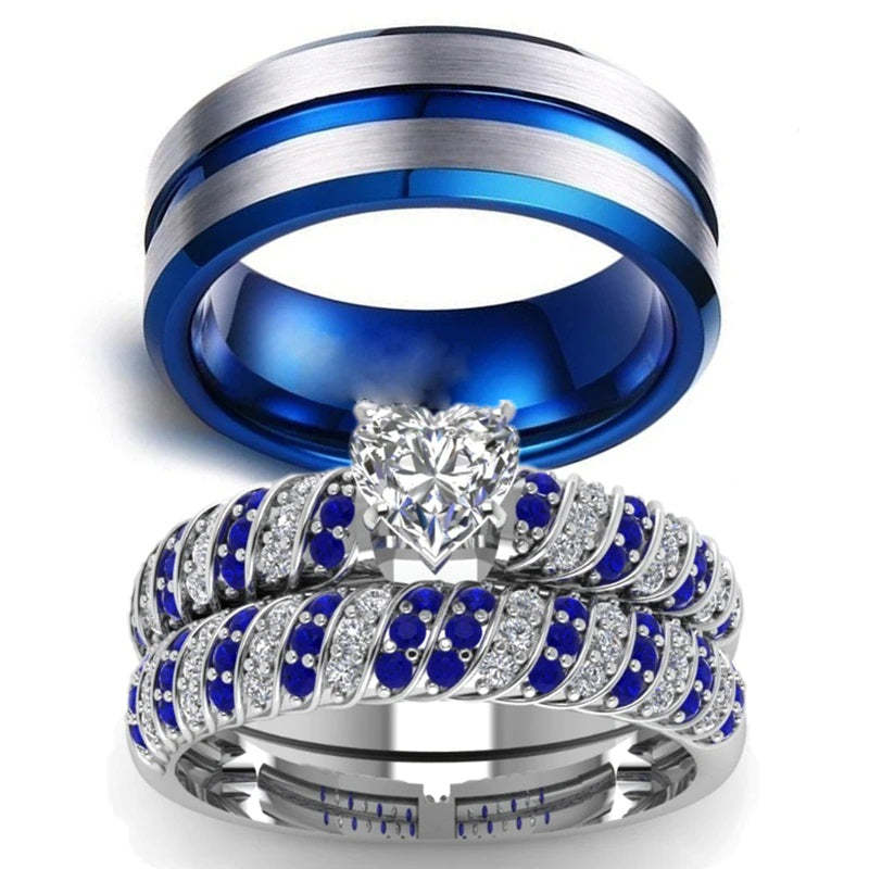 Wedding rings set his and hers-Couples Ring Set Clear Black & Blue Zirconia
