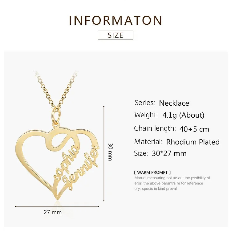 Personalized Custom Heart 2 Names Necklace