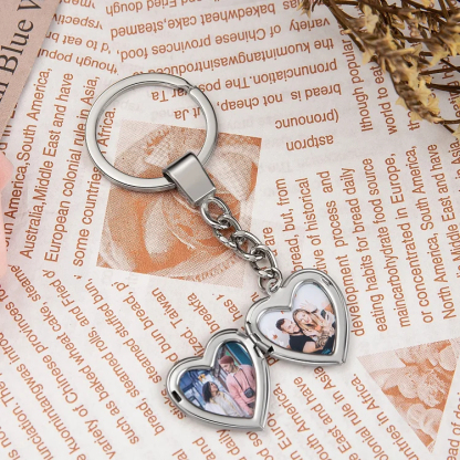 Heart Photo Locket Keychain In Silver Personalized 2 Photos Gift for Couple
