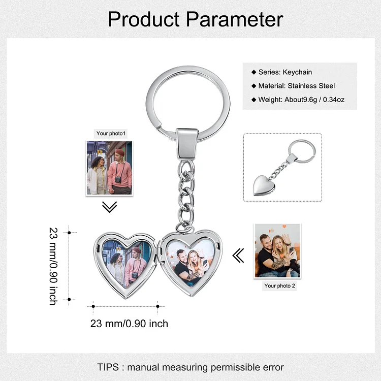 Heart Photo Locket Keychain In Silver Personalized 2 Photos Gift for Couple