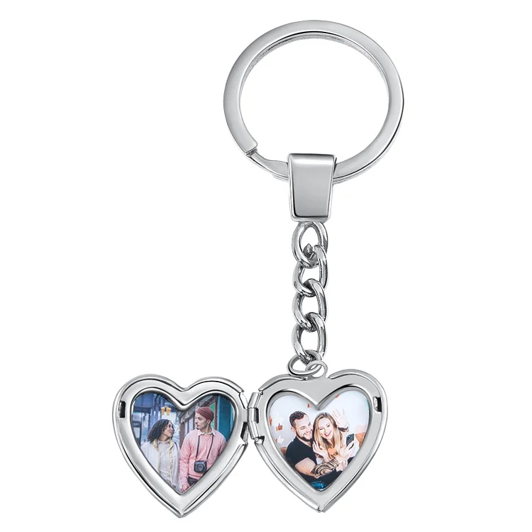 Heart Photo Locket Keychain In Silver Personalized 2 Photos Gift for Couple