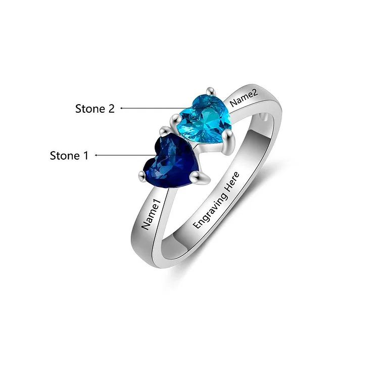 Heart of Heart Promise Ring Personalized with 2 Birthstones Engraved 2 Names Mother Ring