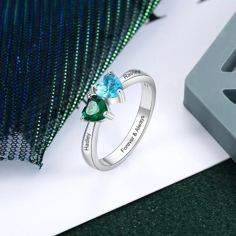 Heart of Heart Promise Ring Personalized with 2 Birthstones Engraved 2 Names Mother Ring