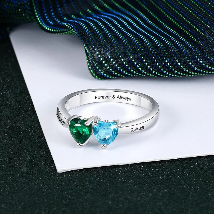 Heart of Heart Promise Ring Personalized with 2 Birthstones Engraved 2 Names Mother Ring