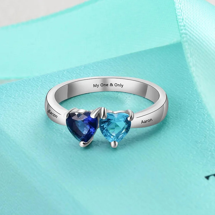 Heart of Heart Promise Ring Personalized with 2 Birthstones Engraved 2 Names Mother Ring