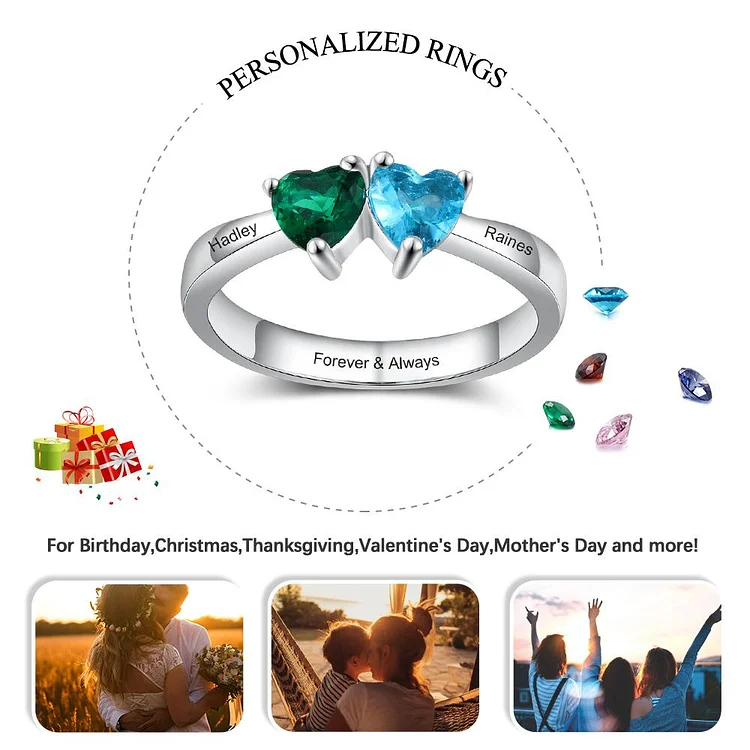 Heart of Heart Promise Ring Personalized with 2 Birthstones Engraved 2 Names Mother Ring