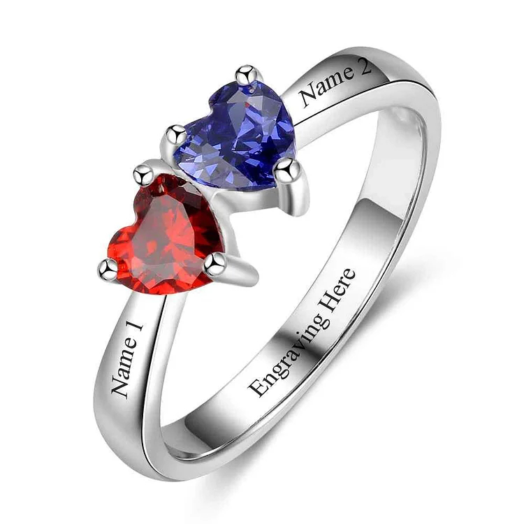Heart of Heart Promise Ring Personalized with 2 Birthstones Engraved 2 Names Mother Ring