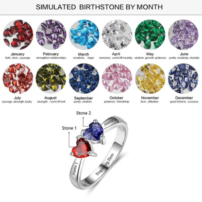 Heart of Heart Promise Ring Personalized with 2 Birthstones Engraved 2 Names Mother Ring