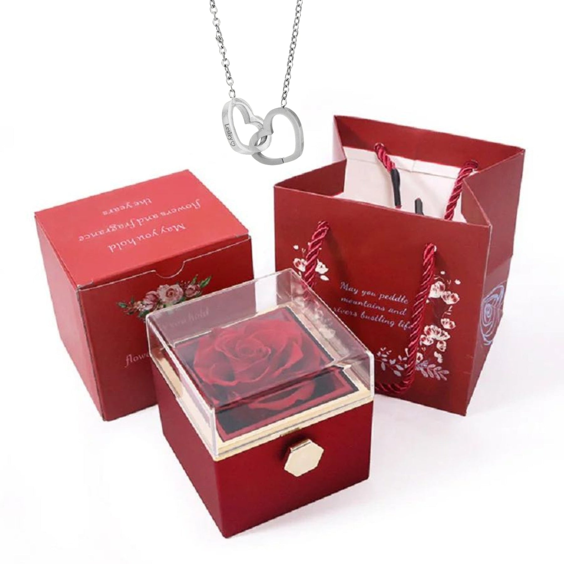 Rotating Preserved Rose Box-Custom Interlock Heart Necklace