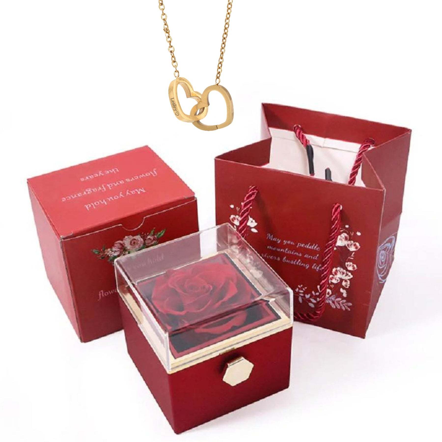 Rotating Preserved Rose Box-Custom Interlock Heart Necklace