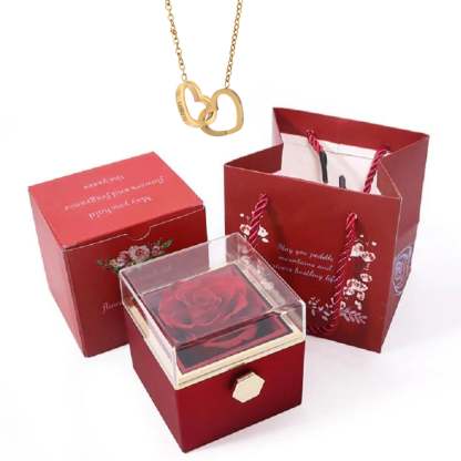 Rotating Preserved Rose Box-Custom Interlock Heart Necklace