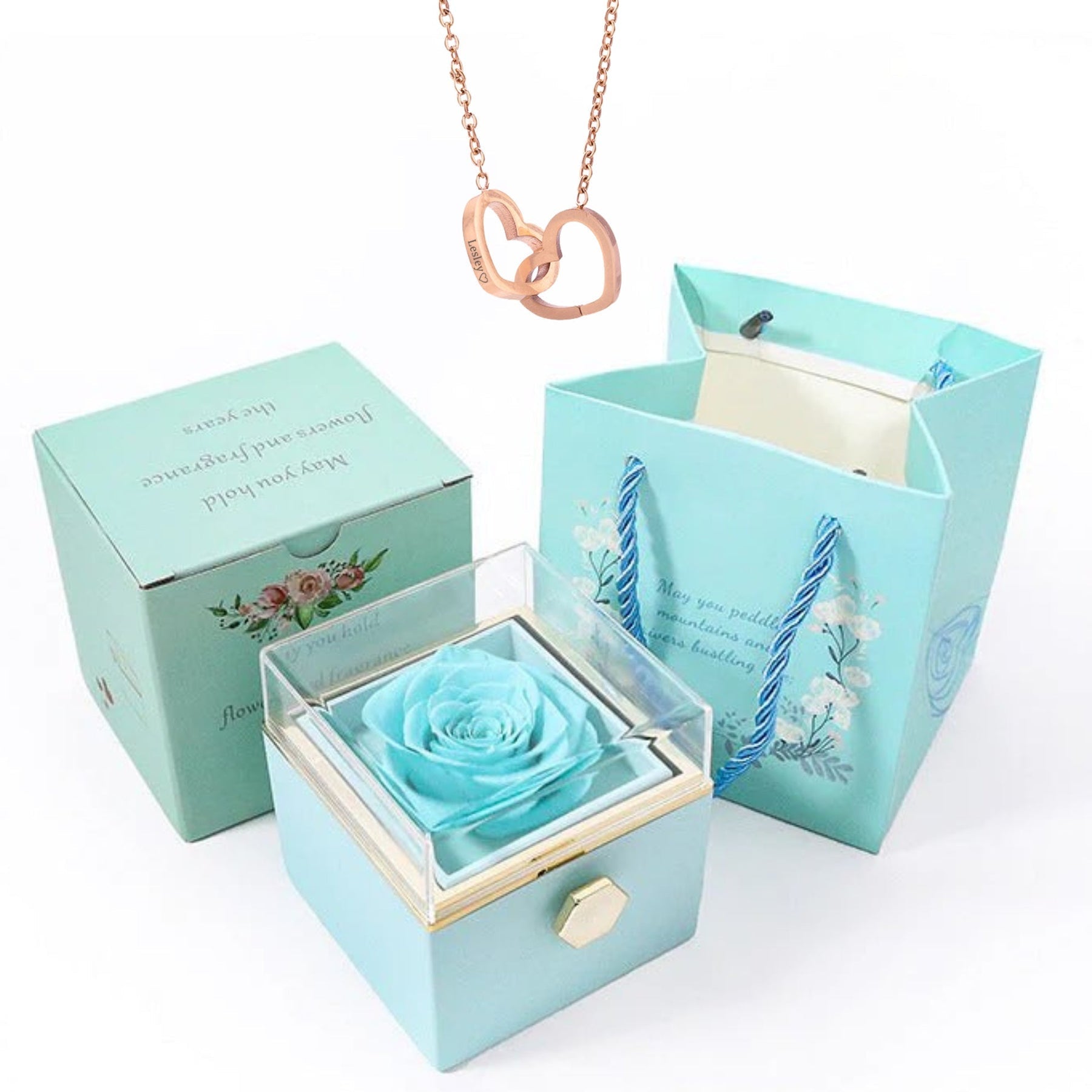 Rotating Preserved Rose Box-Custom Interlock Heart Necklace