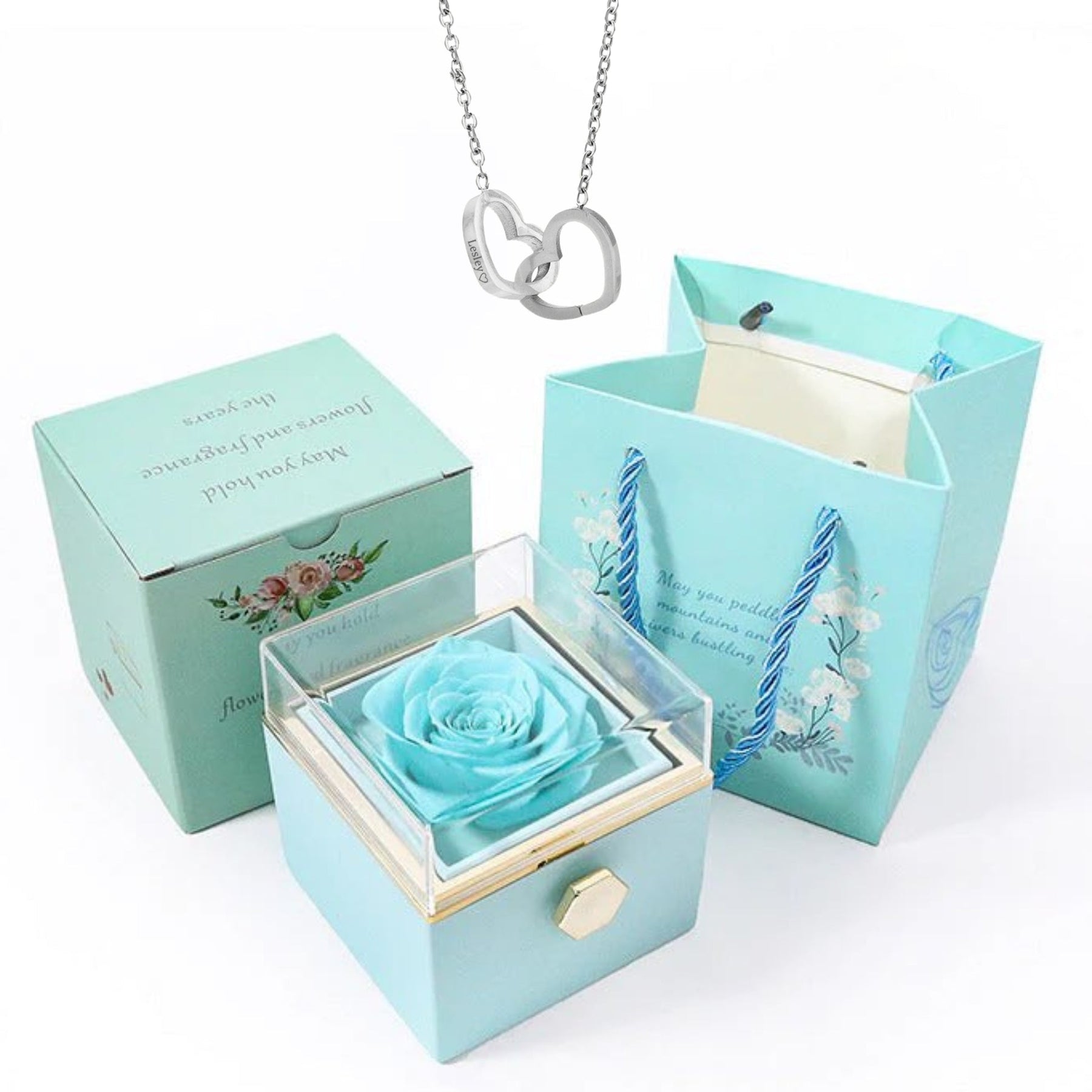 Rotating Preserved Rose Box-Custom Interlock Heart Necklace