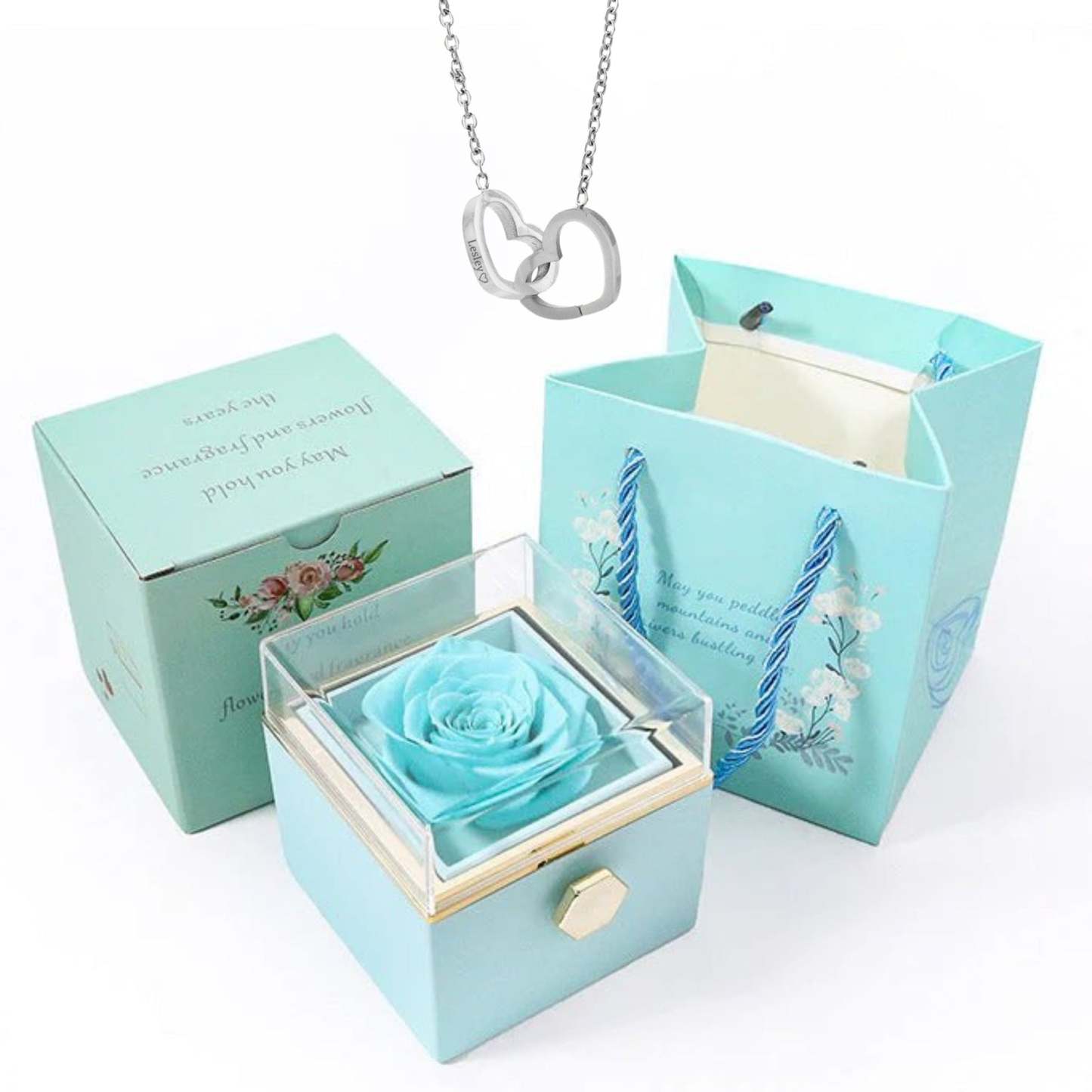 Rotating Preserved Rose Box-Custom Interlock Heart Necklace