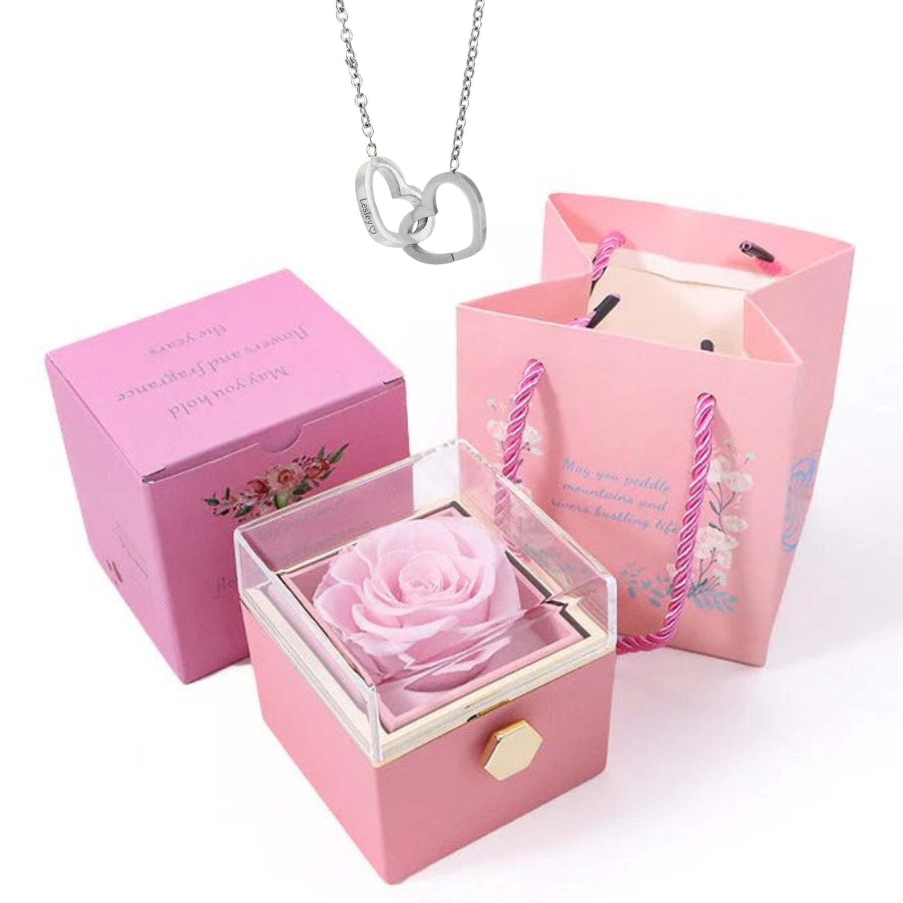 Rotating Preserved Rose Box-Custom Interlock Heart Necklace
