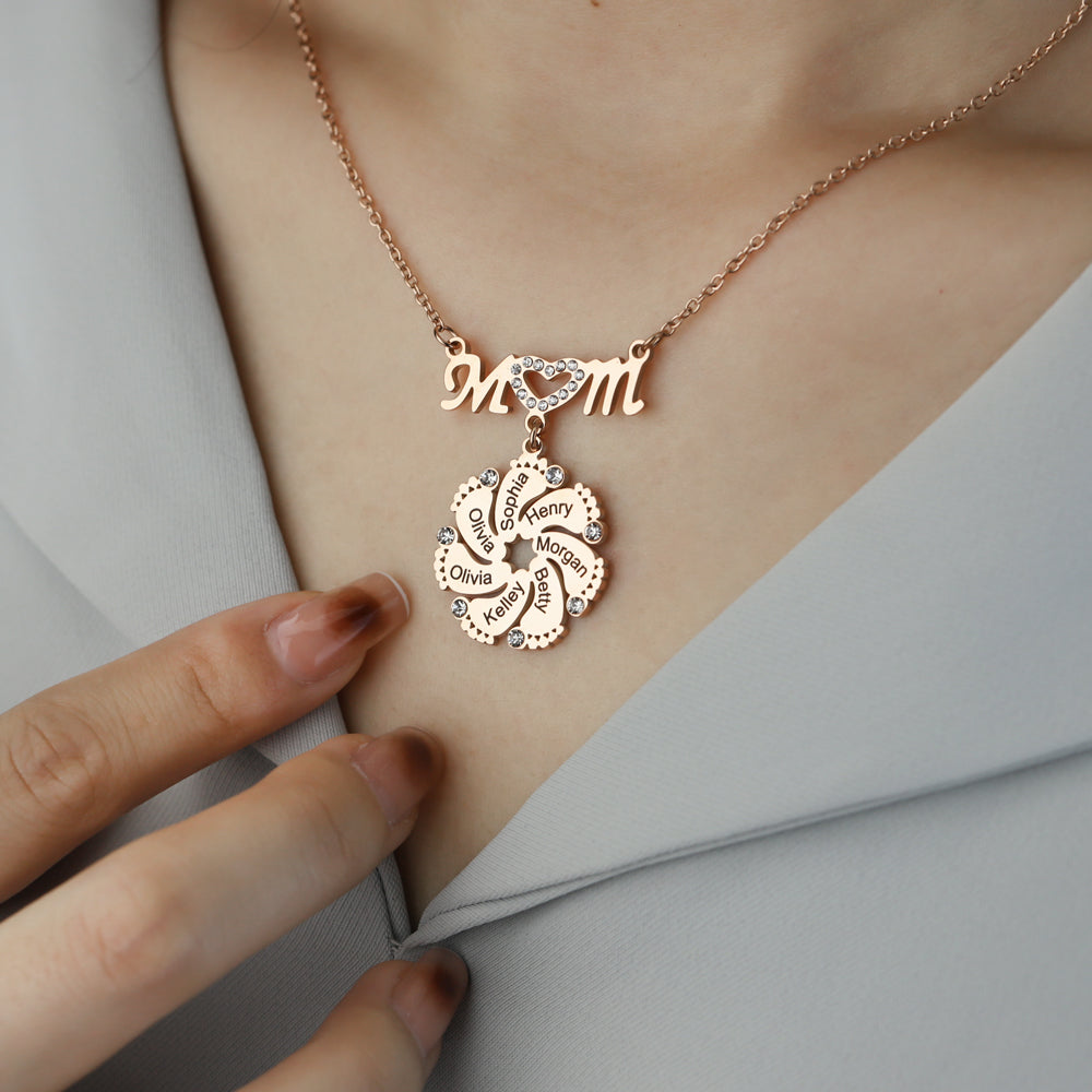 Mom Circle Pendant with Custom Diamond Baby Feet Necklace