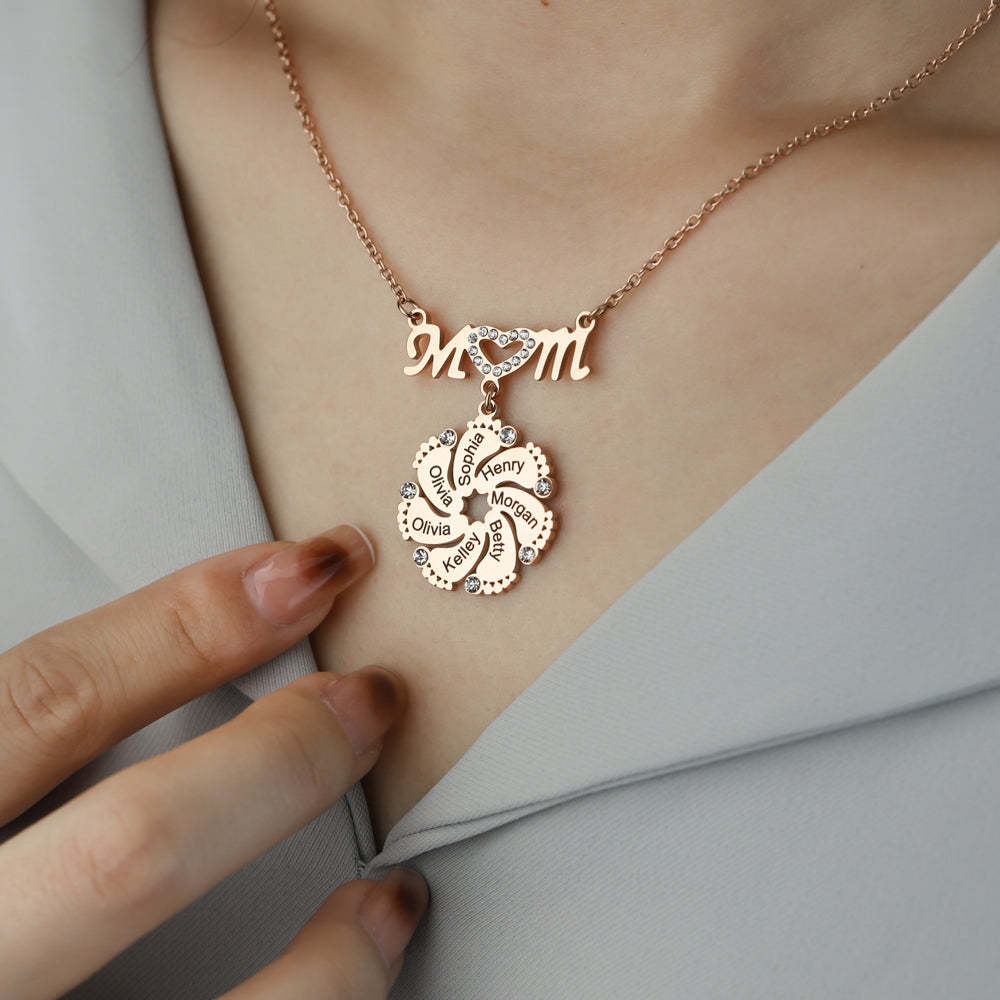 Mom Circle Pendant with Custom Diamond Baby Feet Necklace
