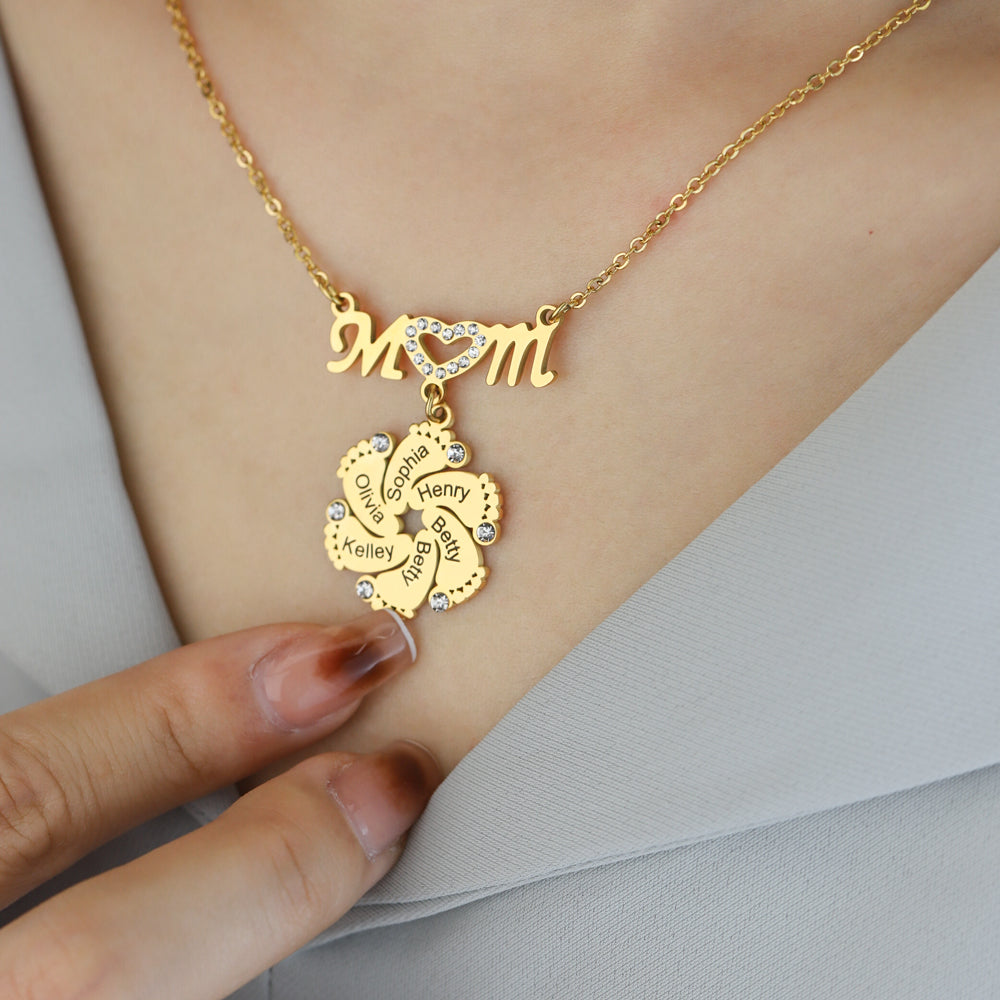 Mom Circle Pendant with Custom Diamond Baby Feet Necklace