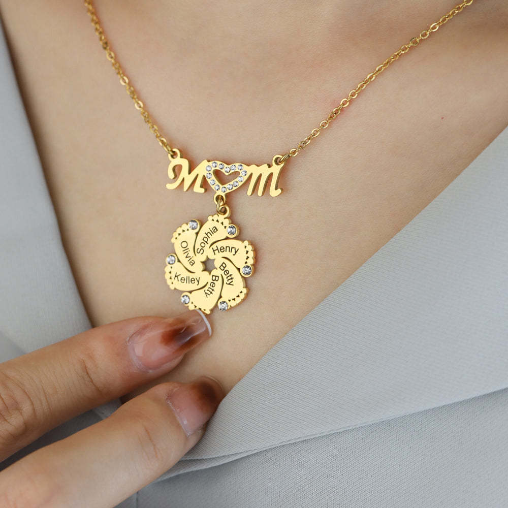 Mom Circle Pendant with Custom Diamond Baby Feet Necklace