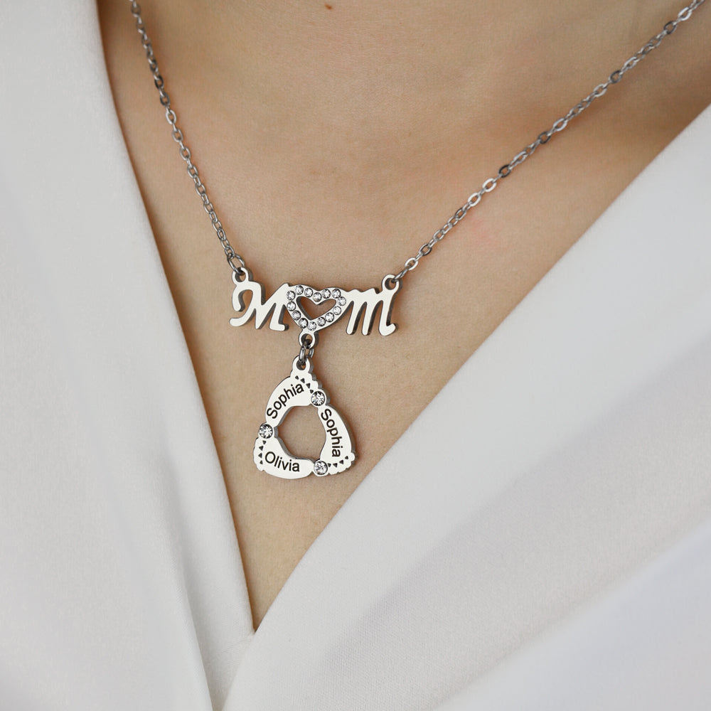 Mom Circle Pendant with Custom Diamond Baby Feet Necklace