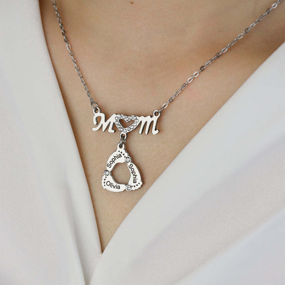 Mom Circle Pendant with Custom Diamond Baby Feet Necklace