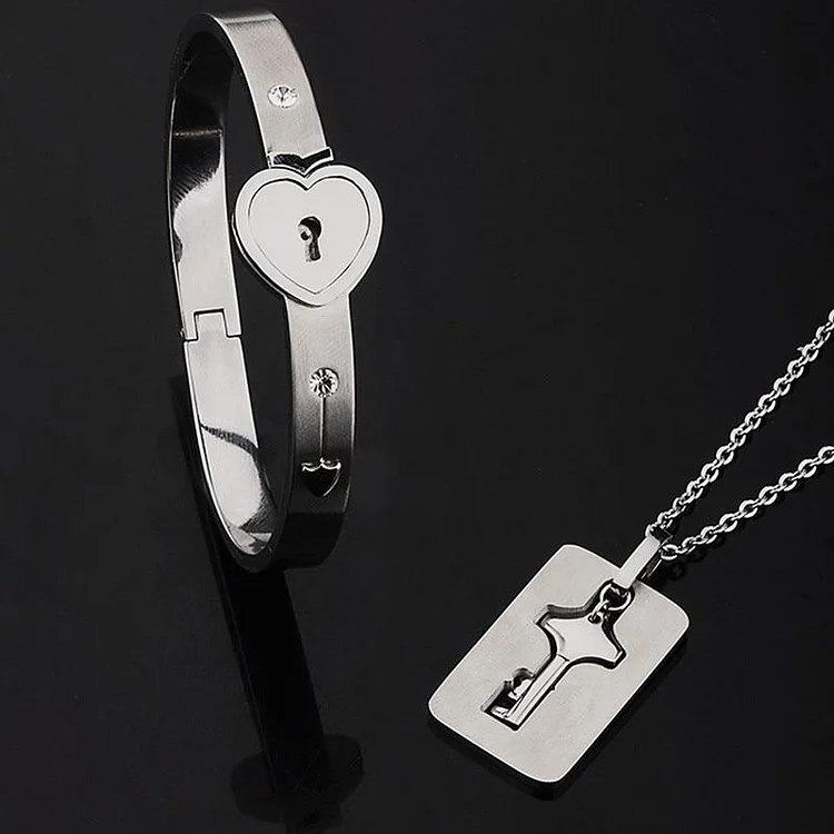 Key to My Heart Couple Key Necklace and Love Lock Bracelet