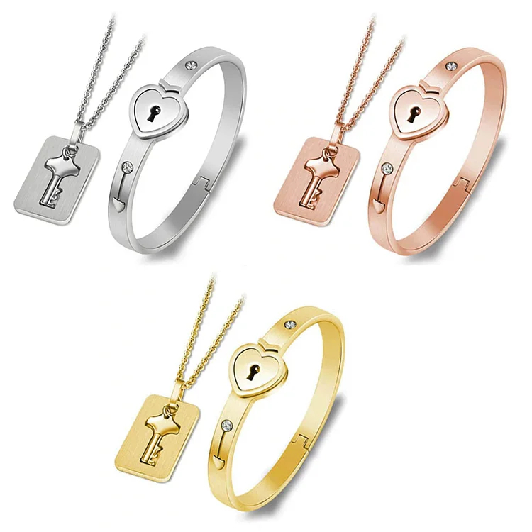 Key to My Heart Couple Key Necklace and Love Lock Bracelet