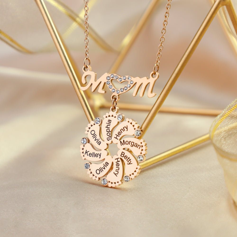 Mom Circle Pendant with Custom Diamond Baby Feet Necklace