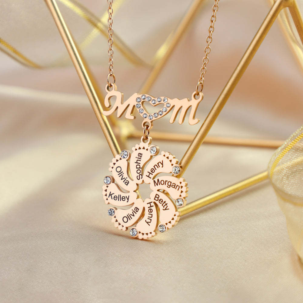 Mom Circle Pendant with Custom Diamond Baby Feet Necklace