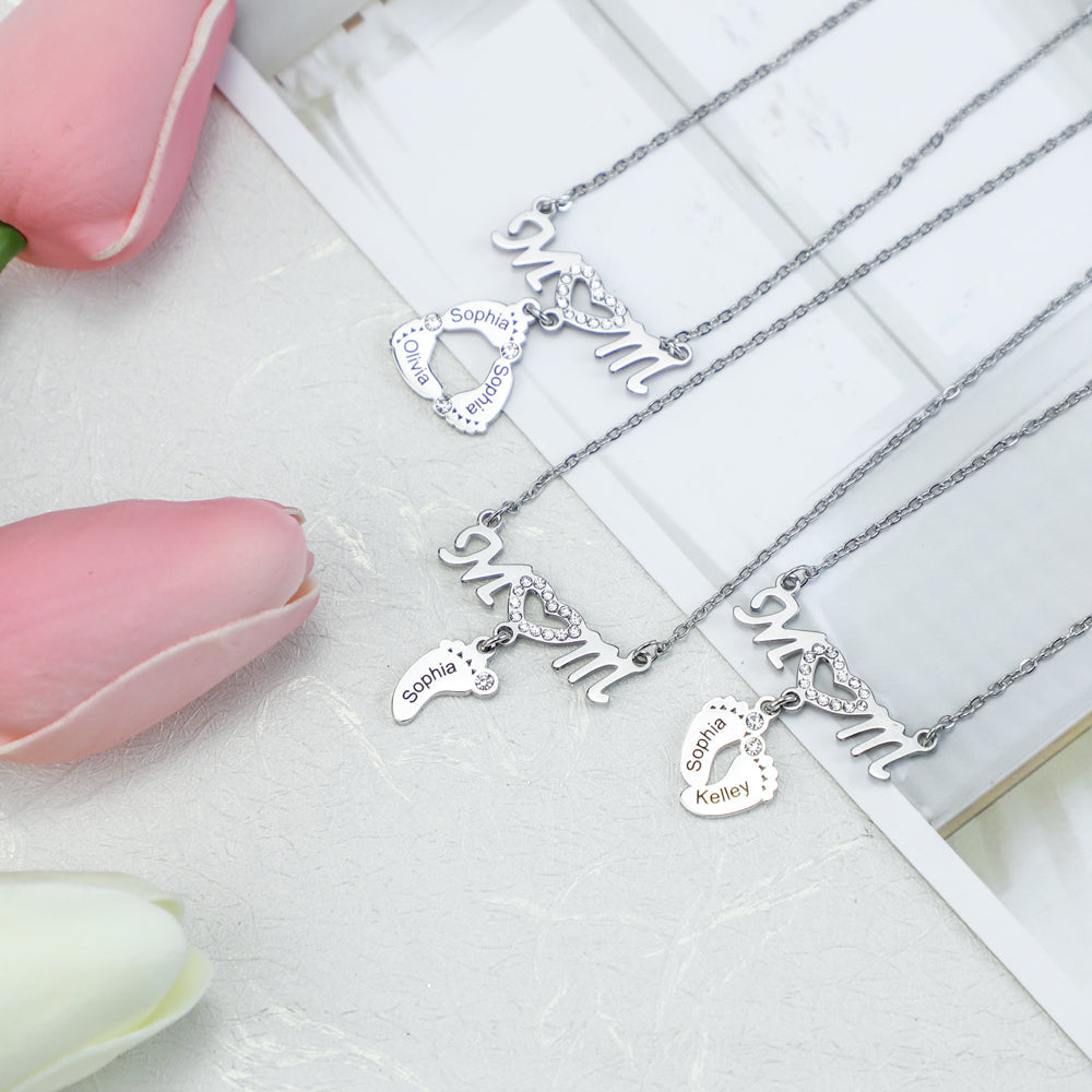 Mom Circle Pendant with Custom Diamond Baby Feet Necklace