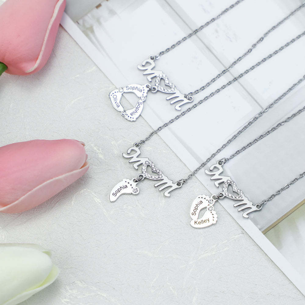 Mom Circle Pendant with Custom Diamond Baby Feet Necklace