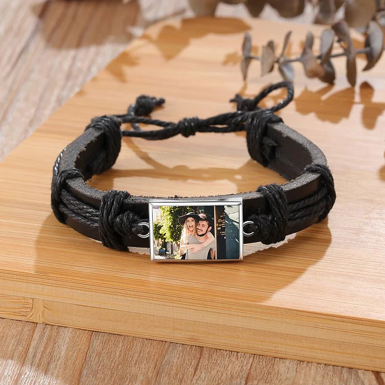 Men Photo Engraved Bracelet Ajustable Leather Strap Photo Tag Bracelets
