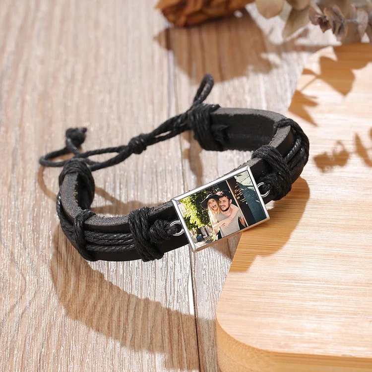 Men Photo Engraved Bracelet Ajustable Leather Strap Photo Tag Bracelets