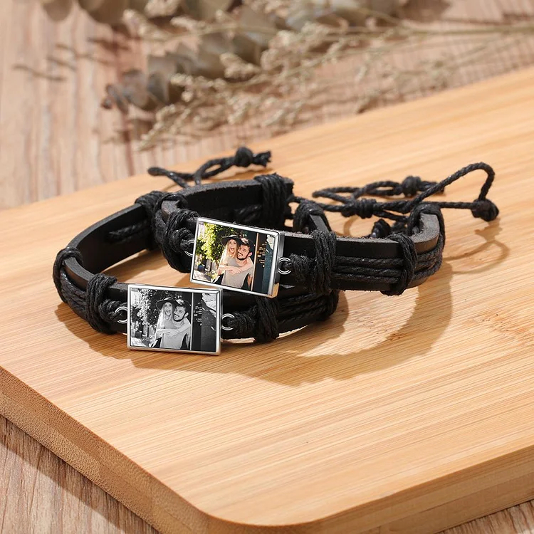 Men Photo Engraved Bracelet Ajustable Leather Strap Photo Tag Bracelets
