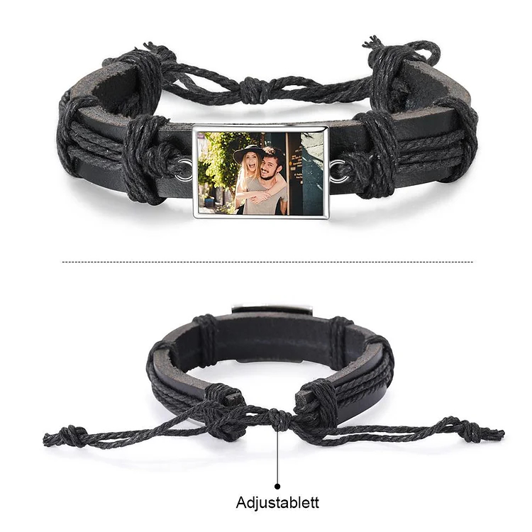 Men Photo Engraved Bracelet Ajustable Leather Strap Photo Tag Bracelets