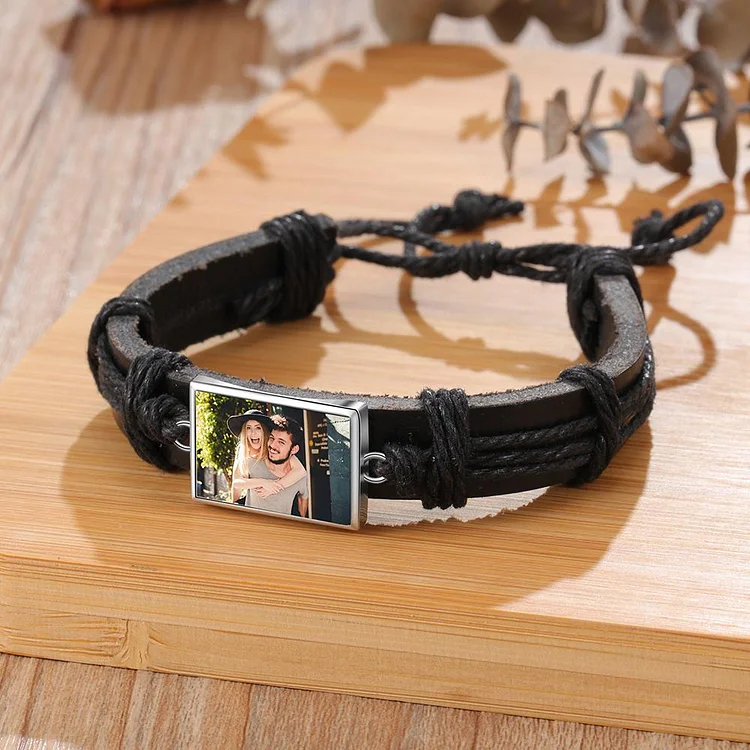 Men Photo Engraved Bracelet Ajustable Leather Strap Photo Tag Bracelets