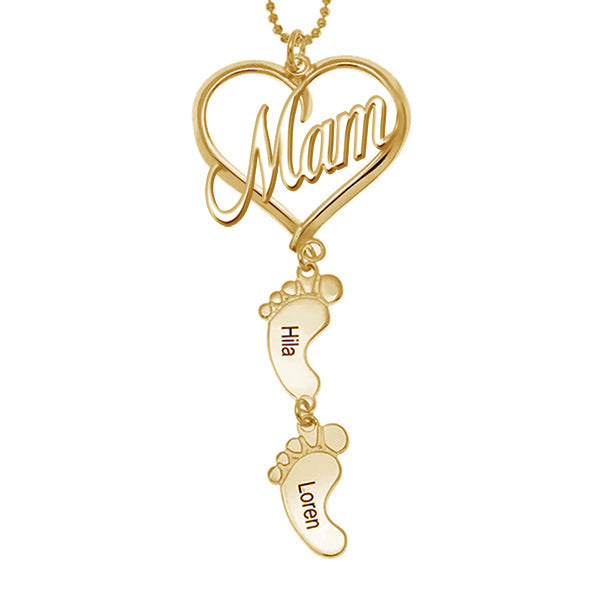 Mama Heart Pendant With Birthstone Baby Feet Necklace