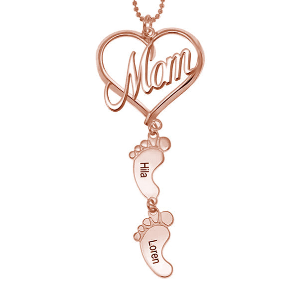 Mama Heart Pendant With Birthstone Baby Feet Necklace
