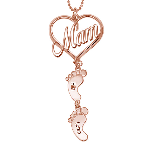 Mama Heart Pendant With Birthstone Baby Feet Necklace
