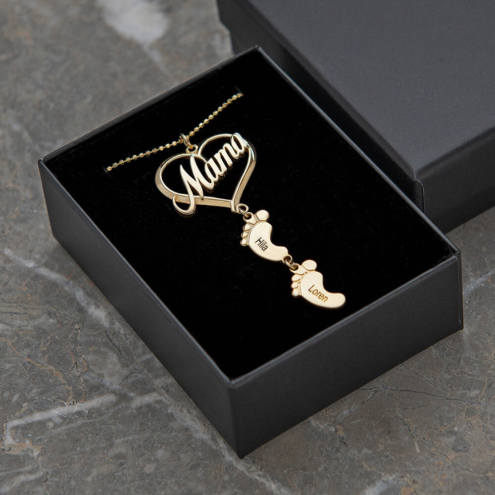 Mama Heart Pendant With Birthstone Baby Feet Necklace