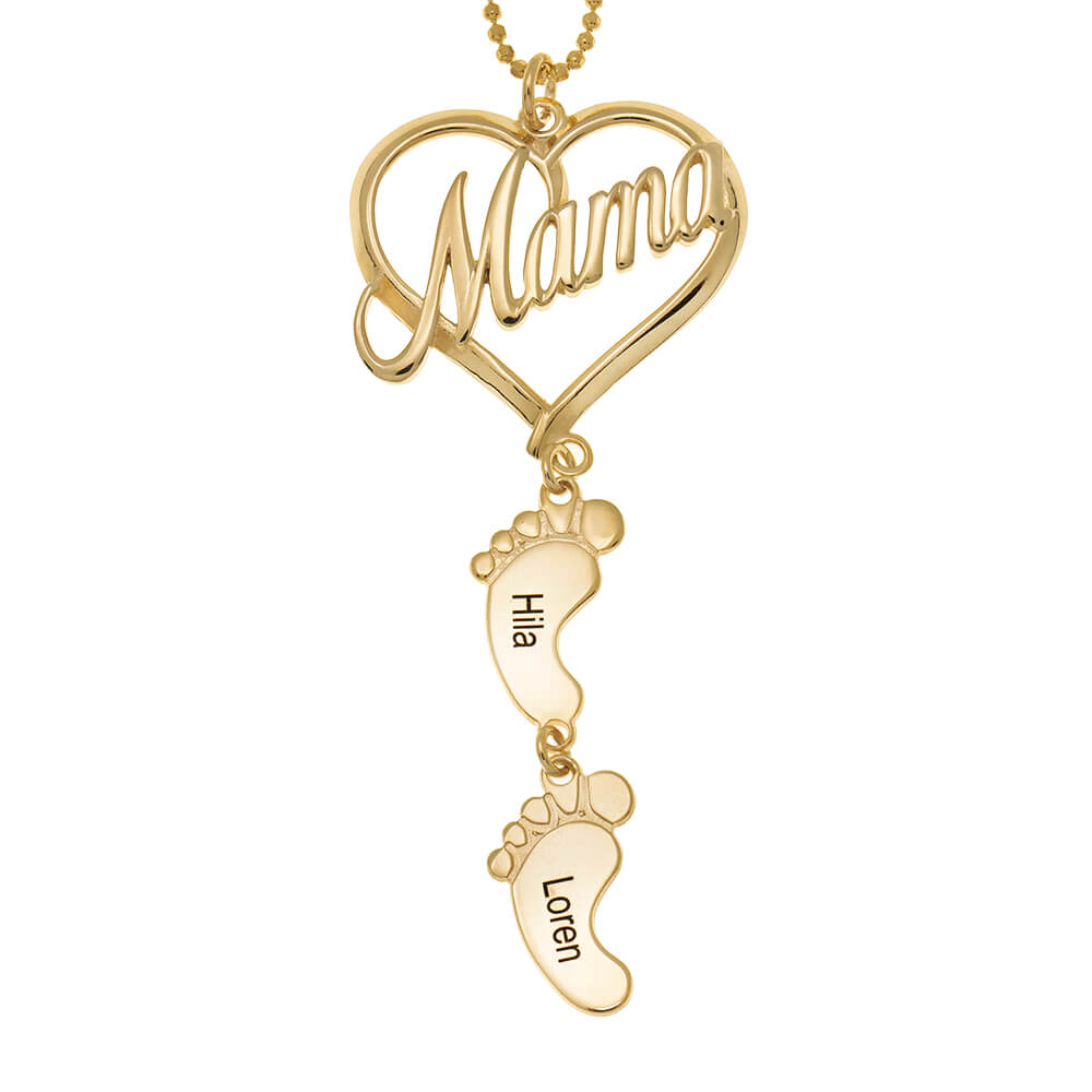 Mama Heart Pendant With Birthstone Baby Feet Necklace