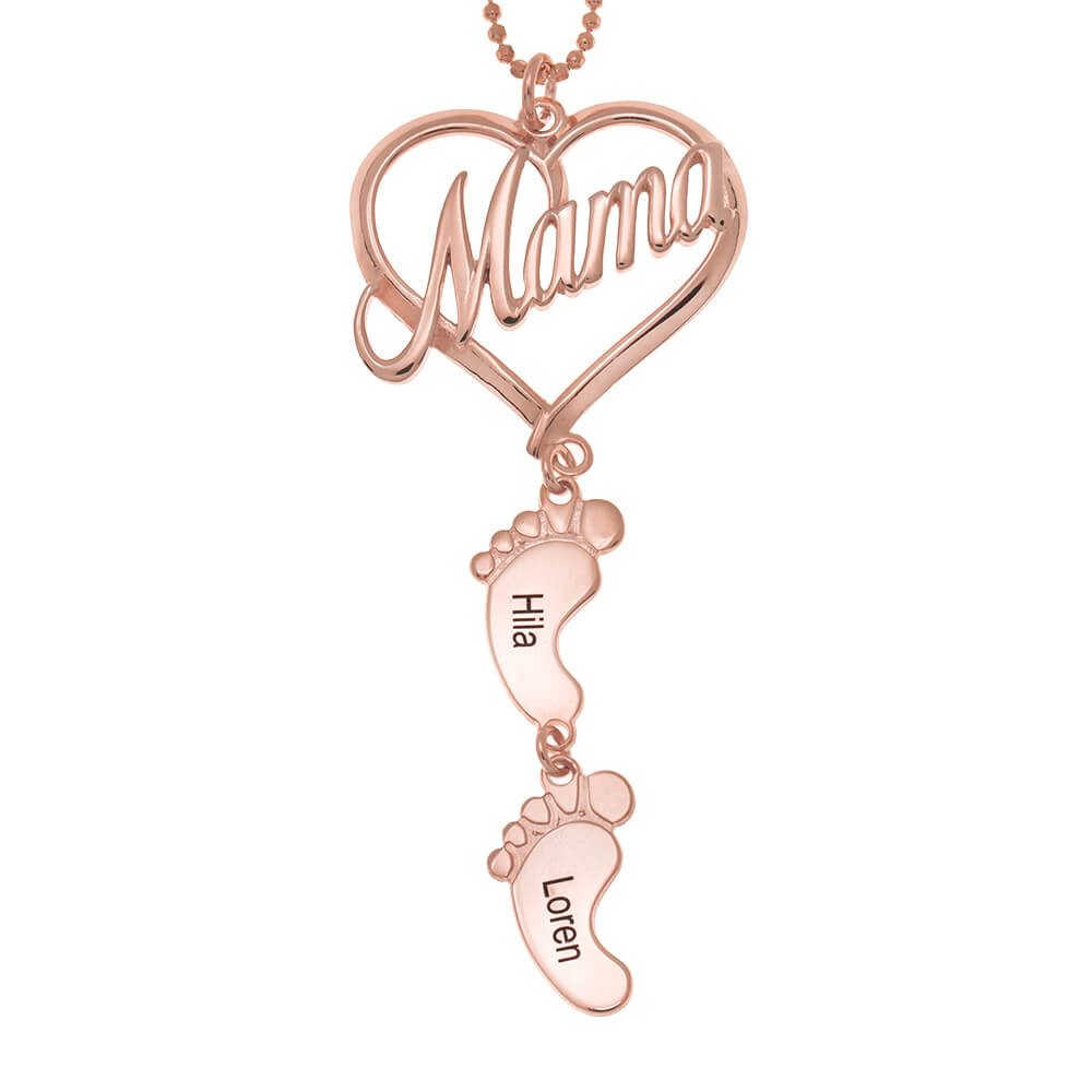Mama Heart Pendant With Birthstone Baby Feet Necklace