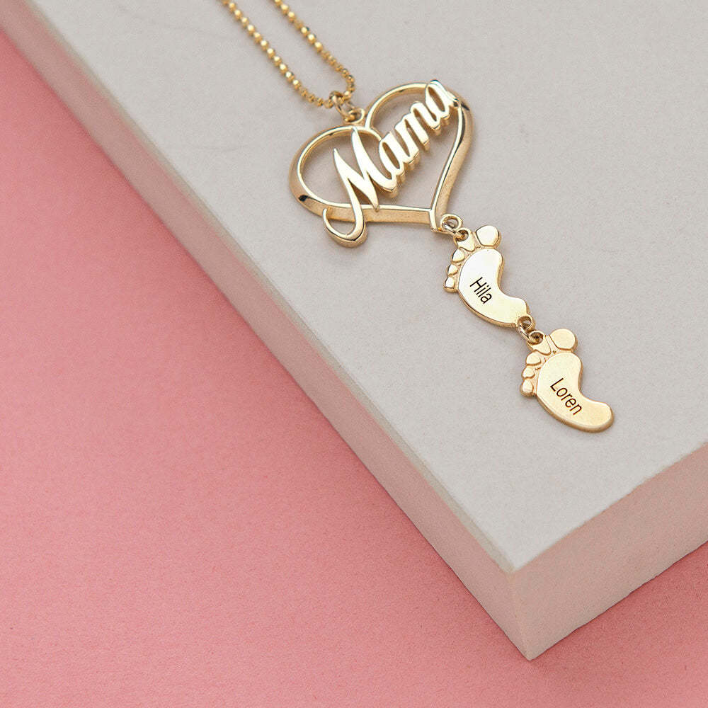 Mama Heart Pendant With Birthstone Baby Feet Necklace