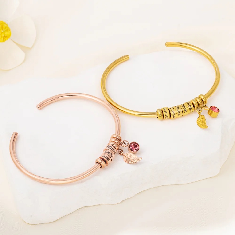 Open Bangle Bracelet with Custom Name Beads