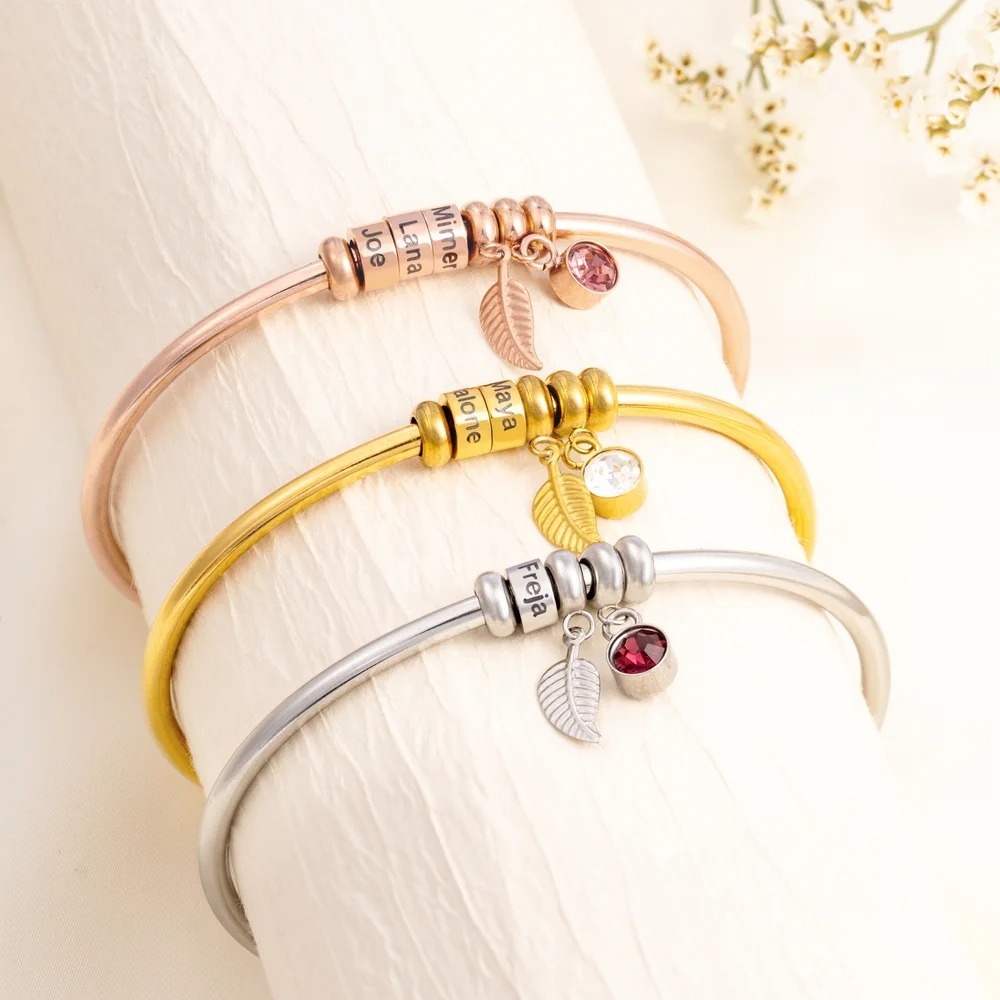 Open Bangle Bracelet with Custom Name Beads