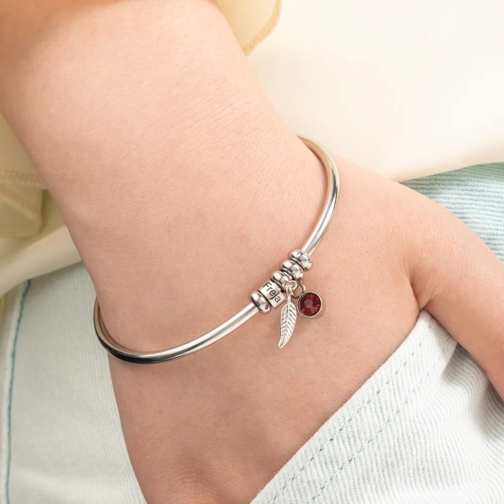 Open Bangle Bracelet with Custom Name Beads